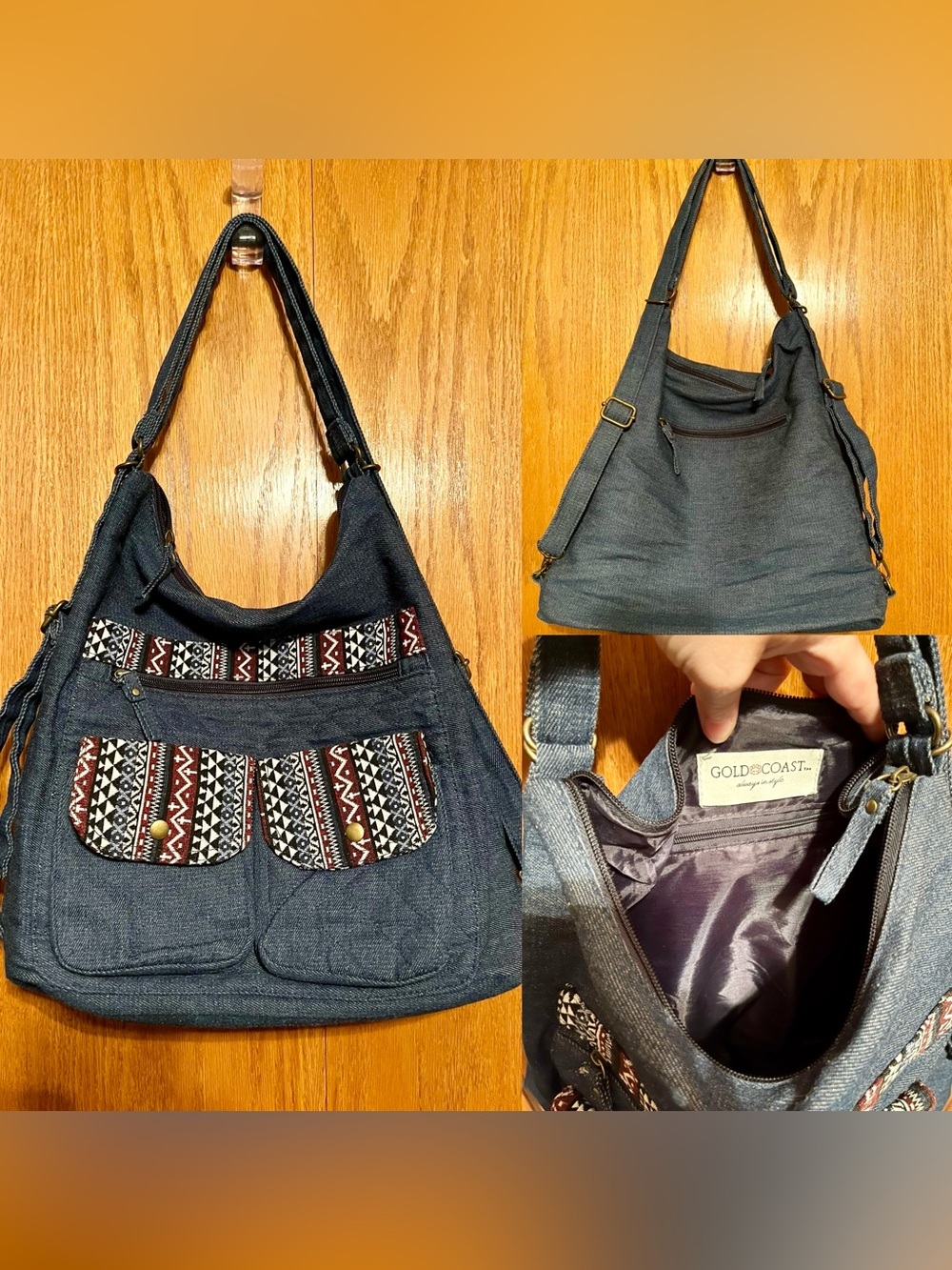Denim Shoulder Bag with Tribal Accent - Navy Blue